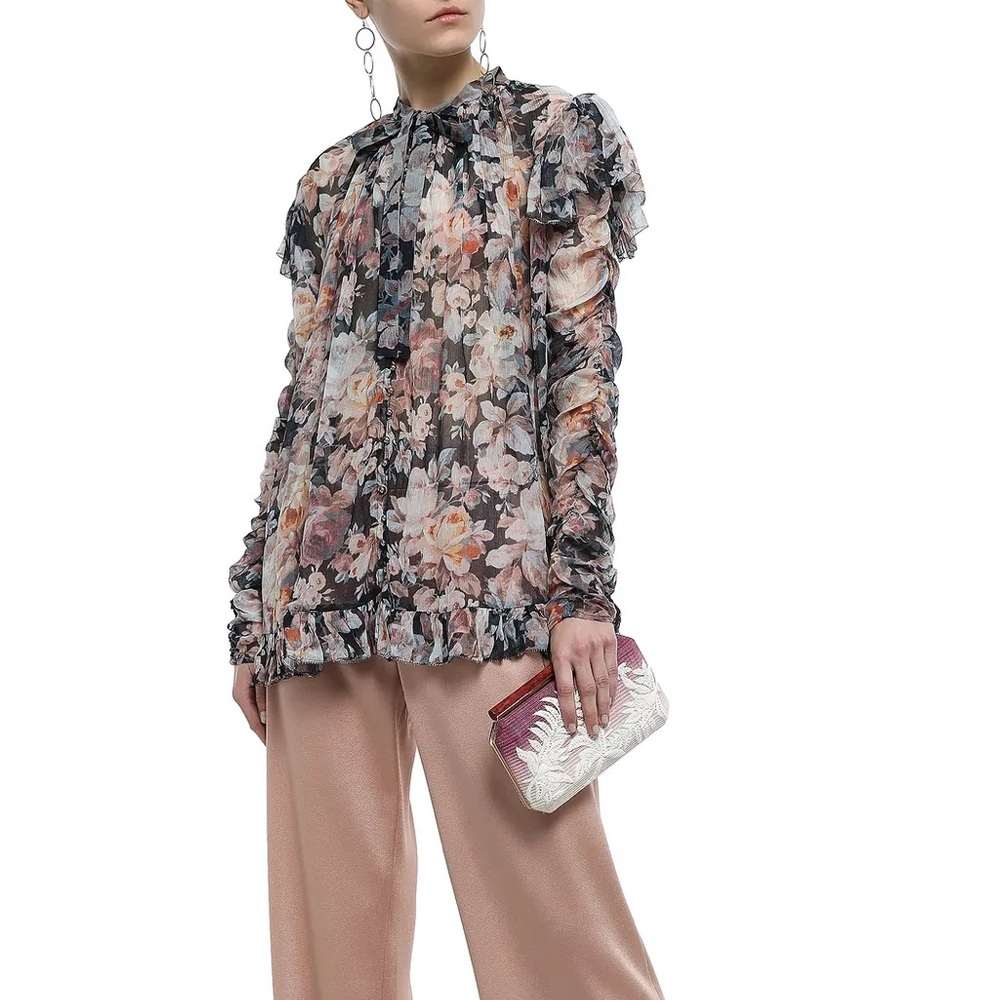 Zimmermann ruched floral print silk blouse Sz 1